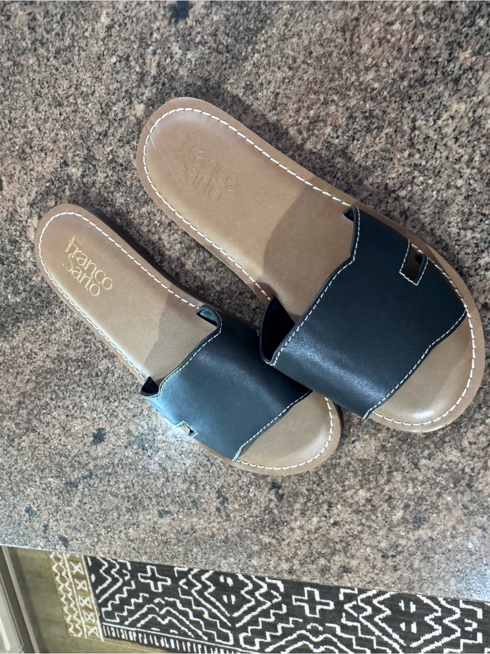 Franco Sarto Black Slide Sandals with Brown Footbed